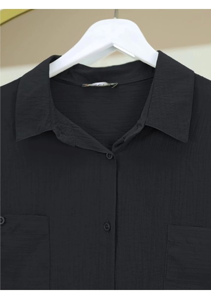 Çift Cepli Oval Kesim Kolu Katlamalı Gömlek Tunik -Siyah