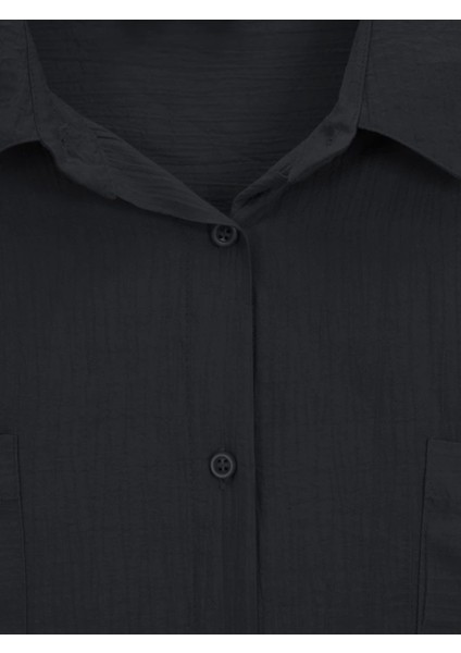 Çift Cepli Oval Kesim Kolu Katlamalı Gömlek Tunik -Siyah fiyatları