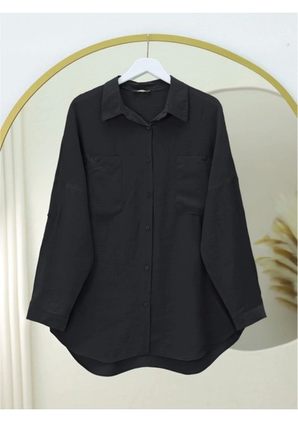 Çift Cepli Oval Kesim Kolu Katlamalı Gömlek Tunik -Siyah modelleri