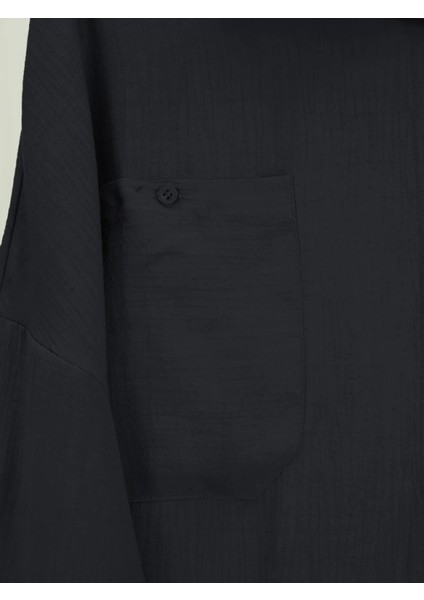 Çift Cepli Oval Kesim Kolu Katlamalı Gömlek Tunik -Siyah fırsatları