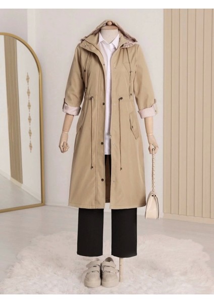 Astarı Çizgili Trençkot -Açık Vizon