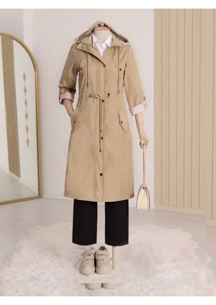 Astarı Çizgili Trençkot -Açık Vizon modelleri