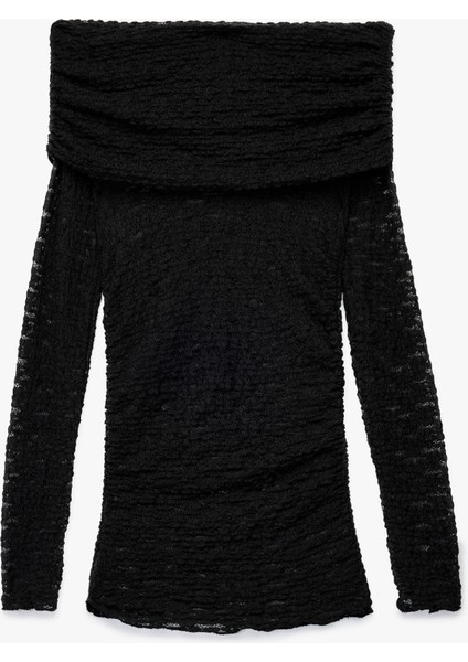 Yarı Transparan Drape Detaylı Uzun Kollu Açık Omuz Dantelli Bluz