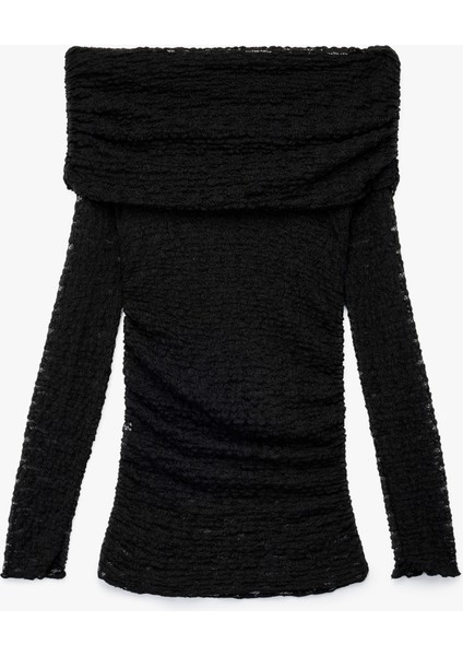 Yarı Transparan Drape Detaylı Uzun Kollu Açık Omuz Dantelli Bluz fiyatları