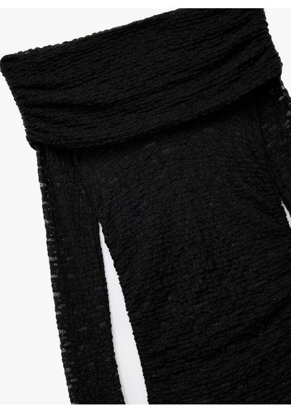 Yarı Transparan Drape Detaylı Uzun Kollu Açık Omuz Dantelli Bluz modelleri