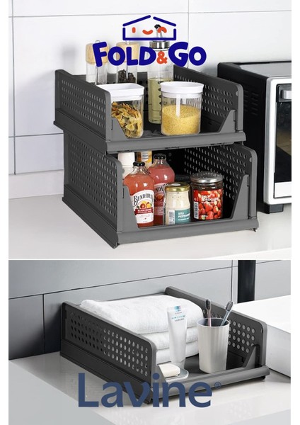 (3 Adet) Lavine Fold&go Çok Amaçlı Kayar Raf Dolap Içi Kıyafet ve Ev Aksesuarı Düzenleyici ”antrasit”
