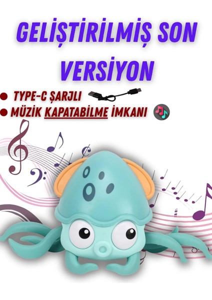 Emeklemeye Yardımcı, Müzik Açma Kapatma Fonksiyonlu, USB Şarjlı, Sensörlü Sevimli Ahtapot Oyuncak