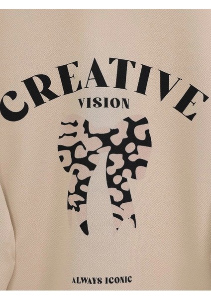 Yuvarlak Yaka Fiyonk Baskılı Leopar Etekli Takım -Bej