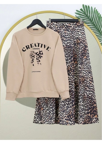 Yuvarlak Yaka Fiyonk Baskılı Leopar Etekli Takım -Bej fiyatları