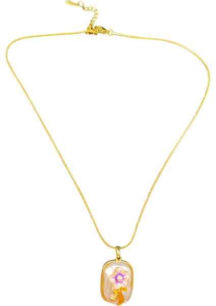 Inci Renk Morçiçek Model Yeşil Yapraklı Metal Kısımlar Gold Renk Sanat Esintili Çelik Kolye 1988