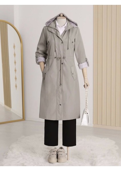 Astarı Çizgili Trençkot -Gri