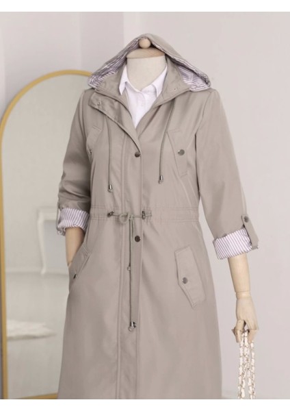 Astarı Çizgili Trençkot -Gri fiyatları
