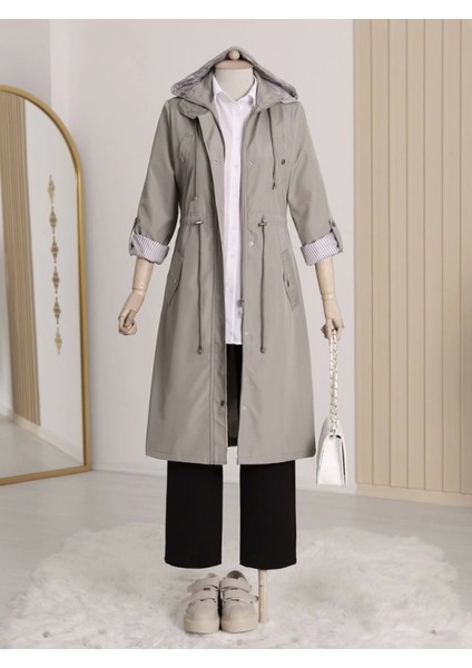 Astarı Çizgili Trençkot -Gri modelleri