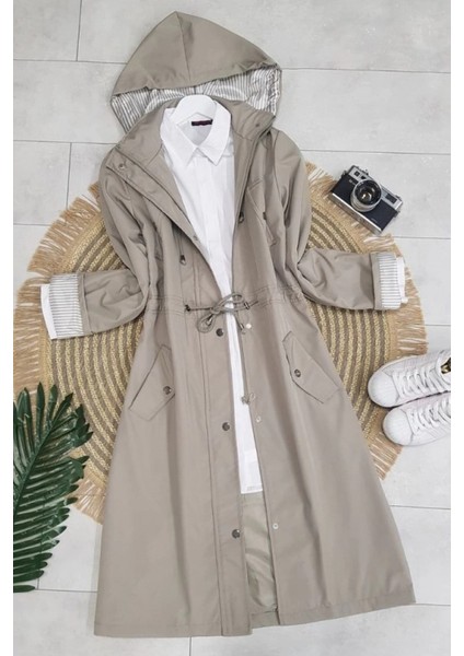 Astarı Çizgili Trençkot -Gri indirimleri