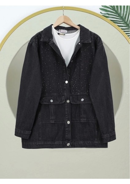 Serpme Taş Detaylı Kapaklı Cepli Kot Ceket -Siyah