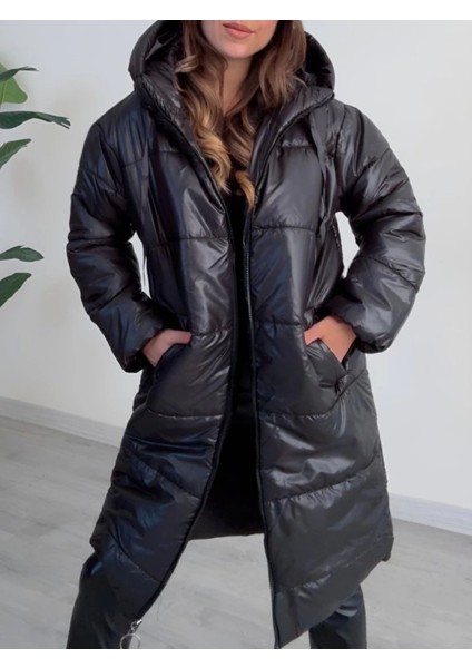 Kapşonlu Bağcık Detaylı Fermuarlı Şişme Mont -Siyah