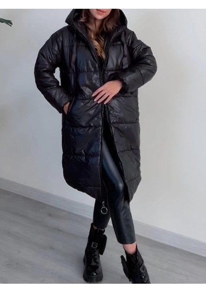 Kapşonlu Bağcık Detaylı Fermuarlı Şişme Mont -Siyah modelleri
