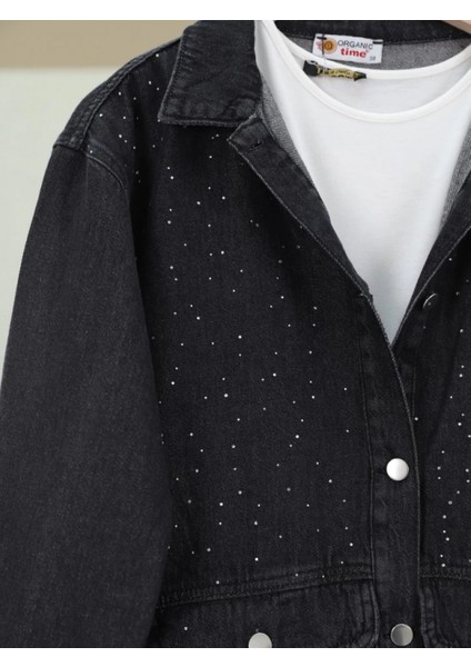 Serpme Taş Detaylı Kapaklı Cepli Kot Ceket -Siyah fiyatları