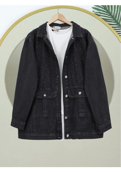 Serpme Taş Detaylı Kapaklı Cepli Kot Ceket -Siyah modelleri