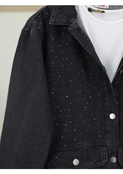 Serpme Taş Detaylı Kapaklı Cepli Kot Ceket -Siyah fırsatları