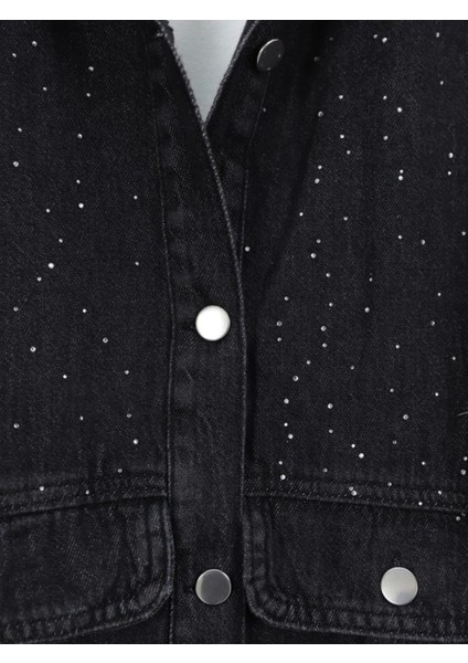 Serpme Taş Detaylı Kapaklı Cepli Kot Ceket -Siyah indirimleri