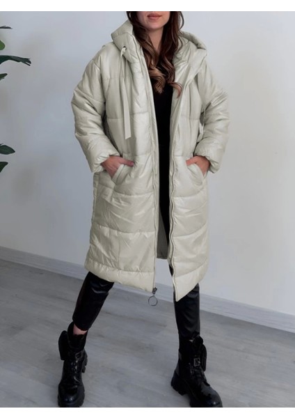 Kapşonlu Bağcık Detaylı Fermuarlı Şişme Mont -Taş modelleri