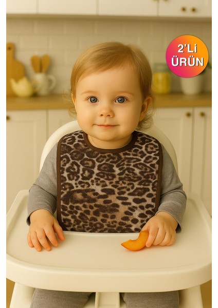 Leopar Desen Baskılı 2'li Havlu Bebek Mama Önlüğü 25x30Cm