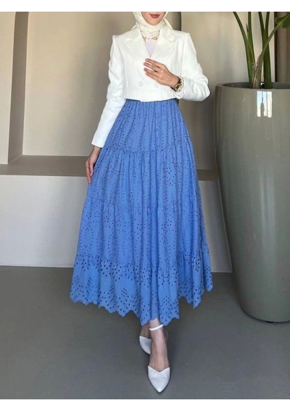 Fisto Işlemeli Katlamalı Etek -Mavi