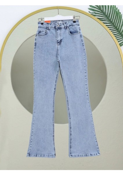 Ispanyol Paça Yüksek Bel Kot Pantolon -Buz Mavi modelleri