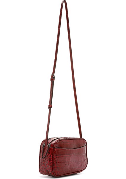 Kadın Bordo Baskılı Mini Deri Çapraz Çanta 24WBD2306E3