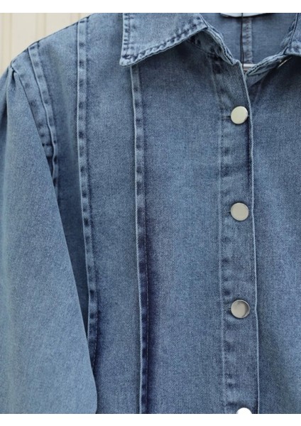 Etek Ucu Volanlı Düğmeli Ceketli Kot Takım -Buz Mavi