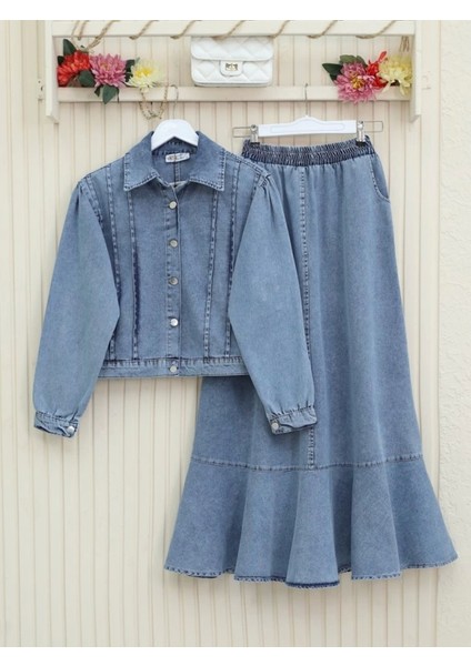 Etek Ucu Volanlı Düğmeli Ceketli Kot Takım -Buz Mavi modelleri