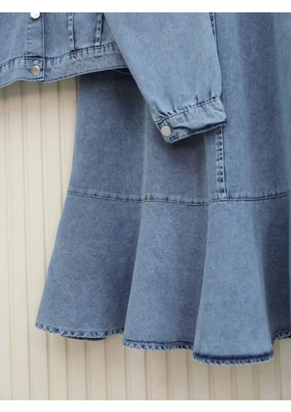 Etek Ucu Volanlı Düğmeli Ceketli Kot Takım -Buz Mavi fırsatları