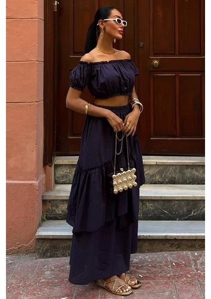 Büzgülü Crop Kat Detaylı Fırfır Etekli Takım 10196