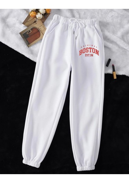 Rahat Kalıp Paça Lastikli Cepli Kırmızı Boston Baskılı Jogger Alt Eşofman