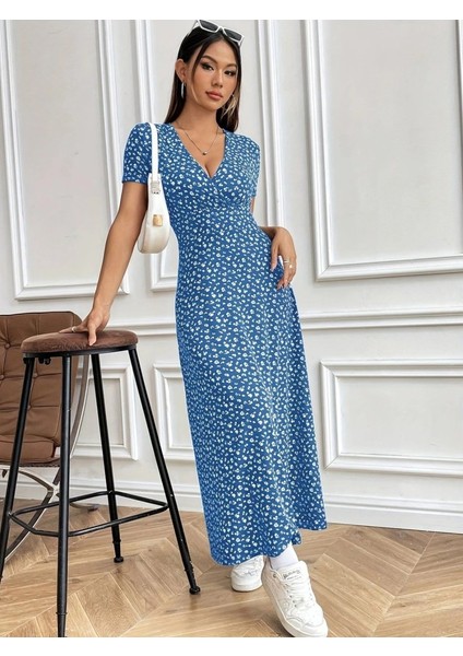 Kadın Kısa Kollu Kruvaze Yakalı Çiçek Desenli Süprem Elbise