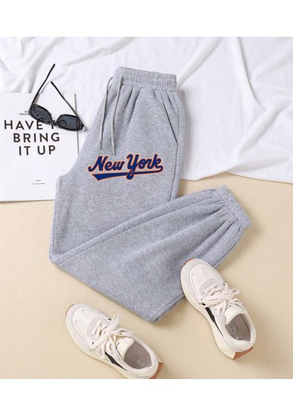 Rahat Kalıp Paça Lastikli Cepli Mavi New York Baskılı Jogger Alt Eşofman