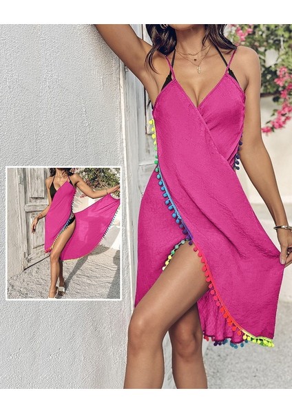 Kadın Askılı Derin V Yakalı Çapraz Geçmeli Ponponlu Bürümcük Pareo indirimleri