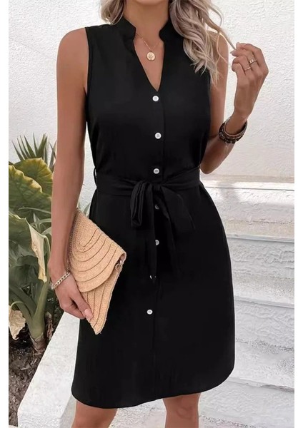 Kadın Sıfır Kollu Hakim Yaka Önden Düğmeli Belden Kuşaklı Ithal Keten Elbise