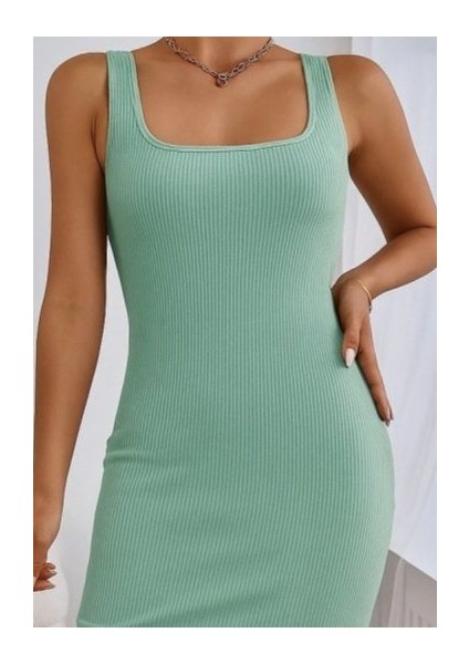 Kadın Askılı Kare Yaka Yandan Yırtmaçlı Midi Kaşkorse Elbise fiyatları