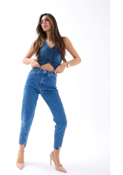 Derin Mavi Yüksek Bel Kot Pantolon indirimleri