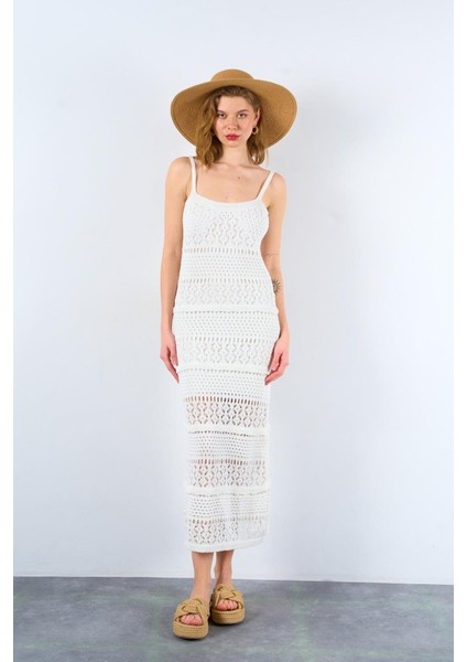 Ajurlu Astarlı Elbise - Ekru