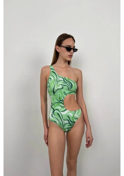 Tek Omuz Desenli Yüksek Bel Mayo