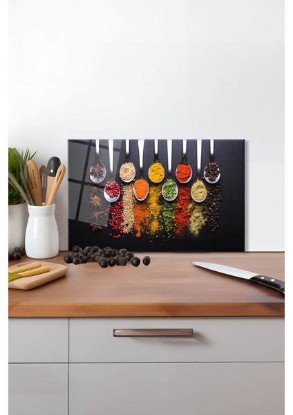 Baharat Çeşitli Cam Kesme Tahtası, Silikon Ayaklı, Isıya Kırılmaya Dayanıklı, Sunum Kesim Tablası