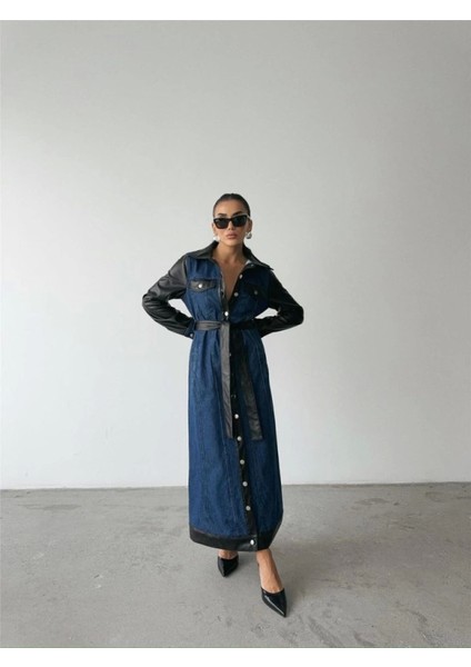 Mavi Kot Elbise - Önden Düğmeli Uzun