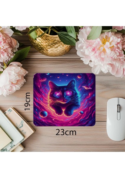 Neon Renkli Kozmik Kedi Mouse Pad - 19X23 cm 2 mm Dikdörtgen Ithal Baskılı Mouse Pad