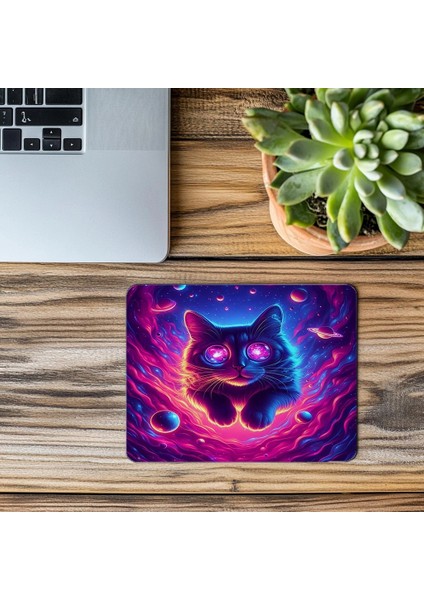 Neon Renkli Kozmik Kedi Mouse Pad - 19X23 cm 2 mm Dikdörtgen Ithal Baskılı Mouse Pad modelleri