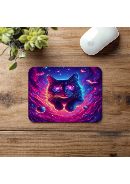 Neon Renkli Kozmik Kedi Mouse Pad - 19X23 cm 2 mm Dikdörtgen Ithal Baskılı Mouse Pad fırsatları