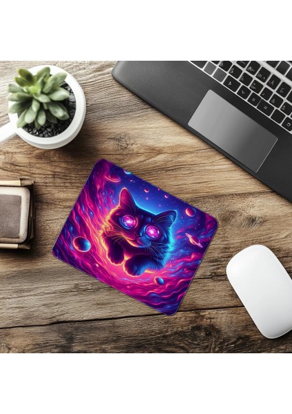 Neon Renkli Kozmik Kedi Mouse Pad - 19X23 cm 2 mm Dikdörtgen Ithal Baskılı Mouse Pad