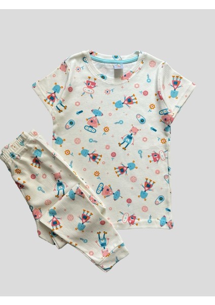 Kız Çocuk Pamuklu Çiçek Robot Desenli Fitilli Kısa Kollu Yazlık Pijama Takımı